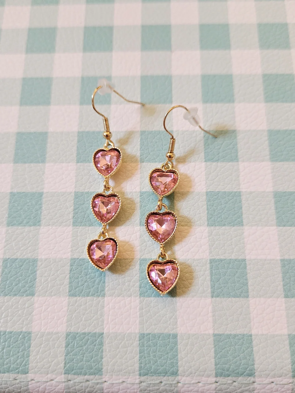 Gold-Tone Pink Heart Drop Earrings - Pink Crystal Dangle